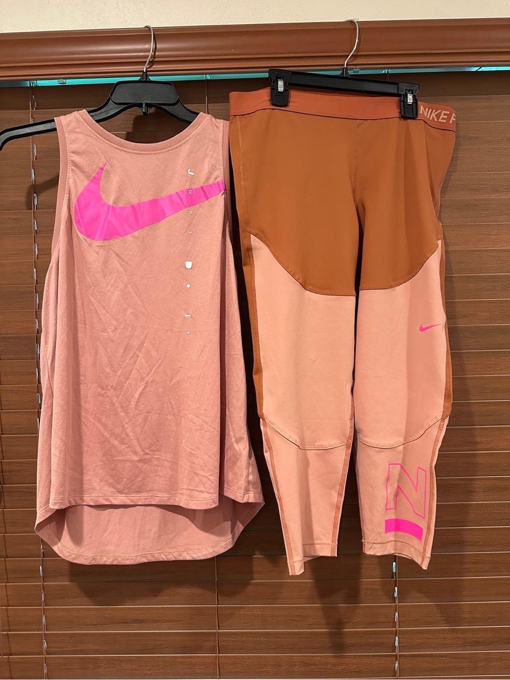 Nike Pink and Rust Colorblock Athletic Tank and Capri Leggings Set